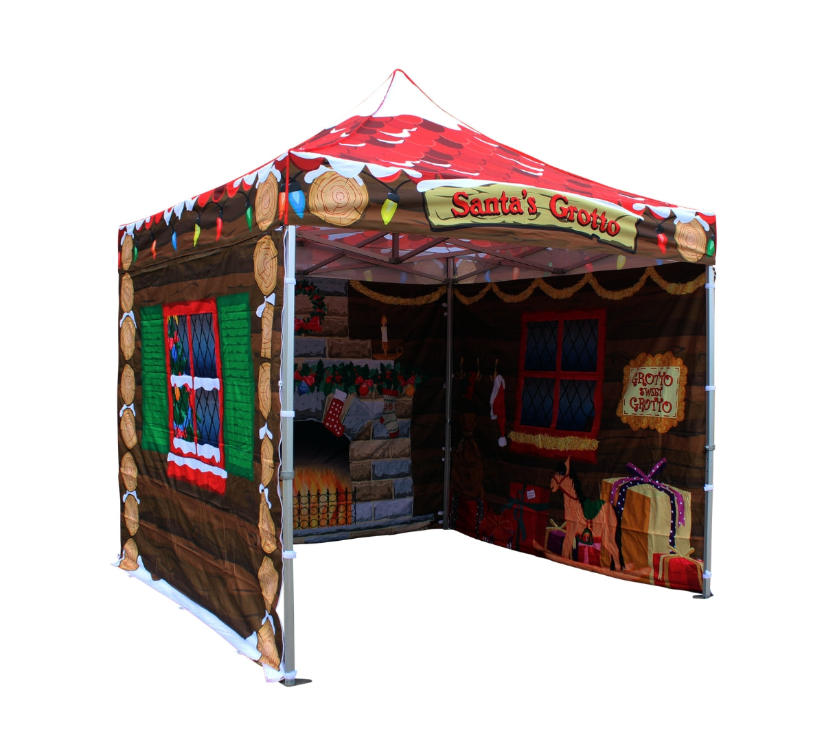A festive Christmas-themed pop-up gazebo with printed graphics of a festive log cabin grotto, windows, stockings, and a fireplace with a Santa's Grotto sign on the roof